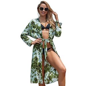 MOLKASIA Badmode met lange mouwen voor dames, tie-dye print, reversknoop, lange kimono, vest, strikje, strandjurk, blouse, Wi