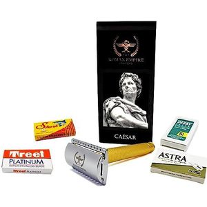 Razor Blades Club Caesar Gold dubbel draad-veiligheidsscheermes van Roman Empire Shaving, klassiek scheermes, veiligheidsscheermes met 20 scheermesjes, set (Astra-Derby-Shark-Treet)