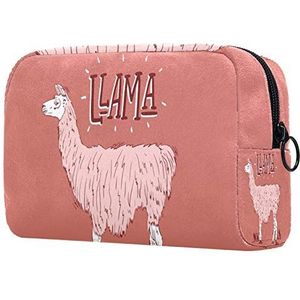 Toilettas met ritssluiting, grote capaciteit herbruikbare make-up Pouch cosmetische reistas met roze lama alpaca gras koraal achtergrond voor tienermeisjes vrouwen