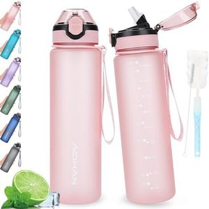 AOHAN Waterfles van 1 liter met lekvrije klapdeksel, BPA-vrije sportdrinkfles met rietje, vaatwasmachinebestendig, niet-giftige waterfles met draagriem