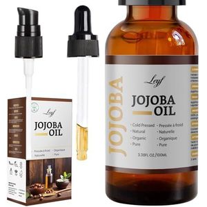 Leyf Biologische jojoba-olie, 100 ml, 100% zuiver, veganistisch, lichaam, haar, gezicht, nagels, glazen fles + glazen pipet + pomp, vochtverzorging, voerdispenser, lichaamsolie verstevigend