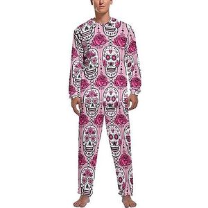 Roze Sugar Skulls Zachte Heren Pyjama Set Comfortabele Lange Mouw Loungewear Top En Broek Geschenken M