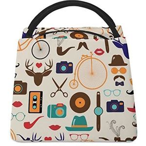 Hipster Kleurrijke Retro Snor Grappige Lunch Tas Geïsoleerde Lunchbox Lekvrije Koeltas Tote Handtas Gift voor Vrouwen Moeder Mannen