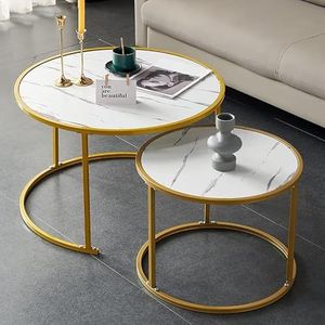 FXLUHAY Nesting Salontafel Rond, Minimalistisch Houten Bijzettafel Set van 2, Moderne Nesttafel Robuust Stalen Frame, voor Kleine Ruimtes Woonkamer Kantoor Balkon (Wit, 80+60cm)