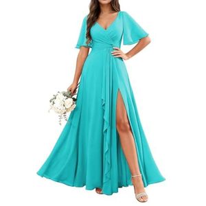 KURFACE Chiffon bruidsmeisjesjurken met mouwen split ruches lange bruidsmeisje formele avondjurk, Turkoois, 32
