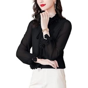 ROUZIHU Lange mouwen Chiffon Shirt Lace Sweet Lace Blouse Modieuze Temperament Losse Top, Argento, XXL
