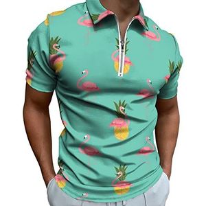 Kleurrijke roze flamingo en ananas heren poloshirt met rits T-shirts Casual korte mouw Golf Top Classic Fit Tennis Tee