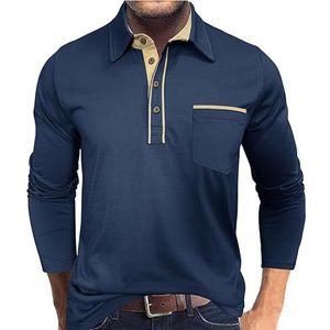 Heren casual poloshirts met lange mouwen, katoenen werkoverhemd, thermisch overhemd met lange mouwen en knoopjes en zak(Navy blue,3XL)