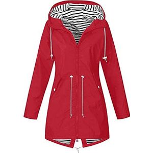 Dames outdoor eenkleurige jas middellange outdoor jas met capuchon waterdicht en winddicht windjack overgangsjas voor wandelen top coat ademend regenjas S-3XL, rood, Small,