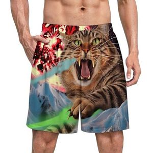 Grappige kat grappige pyjama shorts voor mannen pyjama broek heren nachtkleding met zakken zacht