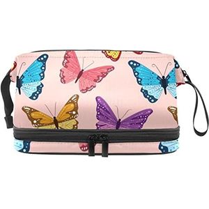 Grote capaciteit reizen cosmetische tas,Vliegende rode paarse blauwe gele vlinders, make-up tas, waterdichte make-up tas organisator, Meerkleurig, 27x15x14 cm/10.6x5.9x5.5 in
