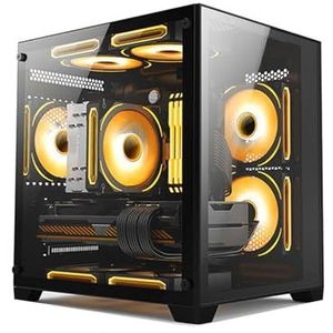 Micro-ATX, Mini-ITX Mid-tower Computerbehuizing, Dubbele Geharde Glazen Panelen, 7 Voorgeïnstalleerde ARGB-ventilatoren USB2.0-USB3.0-HD-audio, Ondersteuning For Waterkoeling(Black)