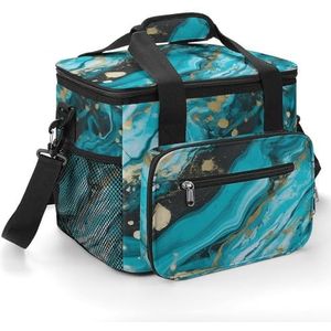 Camping Ice Pack, Turkoois Blauw Goud Marmer Print Koeltas 22,5L Grote Capaciteit Geïsoleerde Lunch Tote Tas voor Buiten, Picknick, BBQ, Reizen, Werk