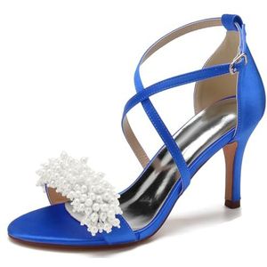SYDZSW Ivoor satijn trouwschoenen met naaldhak bruidsschoenen met hoge hakken sandalen bruidsschoenen bruid 35-42, Blauw, 35 EU