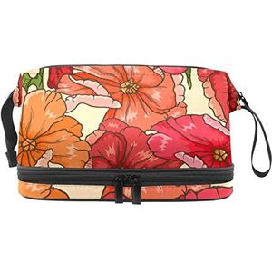Dubbele Laag Cosmetische Tas Rode Bloemen Draagbare Make-up Tas Reizen Organizer Pouch Voor Vrouwen Meisjes Toiletries Tassen, Meerkleurig, 27x15x14 cm/10.6x5.9x5.5 in, Make-up zakje
