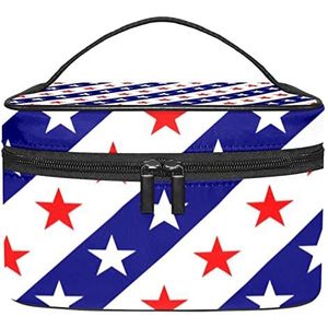 Rode witte sterren blauwe USA vlag kleur make-up organizer tas, reizen make-up tas organizer case draagbare cosmetische tas voor vrouwen en meisjes toiletartikelen, Meerkleurig, 22.5x15x13.8cm/8.9x5.9x5.4in