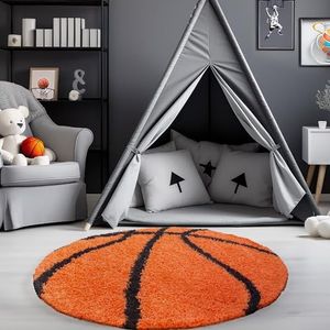 Hoogpolig Vloerkleed, Kleur Oranje, Basketbal Ontwerp, 12338, Vloerkleed Rond, Vloerkleed kinderkamer babykamer, 100 cm Rond