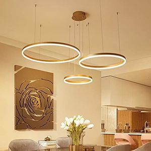 LED Dimbare Kroonluchter Eettafel Plafondlamp Woonkamer verlichting Hoogte Verstelbaar Afstandsbediening Hanglamp gouden ring Pendant Licht Restaurant Slaapkamer Modern Keuken lamp,Gold,3 rings