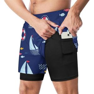 Nautische Schip Zeilboot Grappige Zwembroek met Compressie Liner & Pocket Voor Mannen Board Zwemmen Sport Shorts