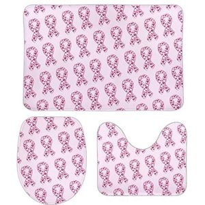 Roze lint borstkanker bewustzijn badkamer tapijten set 3 stuks antislip badmatten wasbare douchematten vloermat sets 50 cm x 80 cm