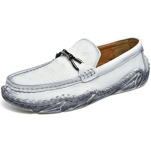 Loafers for heren Ronde neus Krokodillenprint Lederen loafers Schoenen Antislip Lichtgewicht Platte hak Mode Klassieke instappers (Color : White Grey, Size : 40 EU)