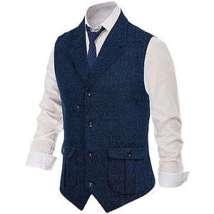 Heren Kostuum Vest Wollen Visgraatvest Getailleerde Fit Vest Dagelijks Zakelijk Formeel Koninklijk Blauw M