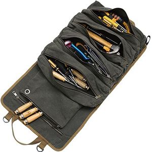 Gereedschapsroltas, robuuste gereedschapsrol van 400 ml gewaxt canvas, 5 verdeelde en 1 afneembare ritsvak, veelzijdige gereedschapstas voor elektriciens en monteurs, legergroen