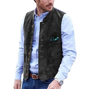 AeoTeokey Heren pak vest suède lederen vintage casual western cowboy vest, Zwart, XL
