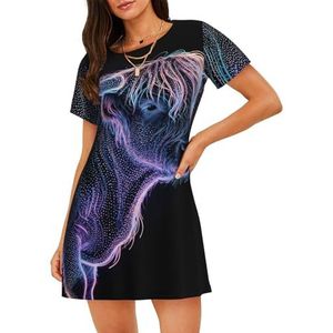 Zelinge Cartoon Comfortabele Nachtjurk Voor Vrouwen Vrouwen Nachtshirt Slaap Jurk Losse Loungewear S-3XL, Neon Style Highland Koe, S