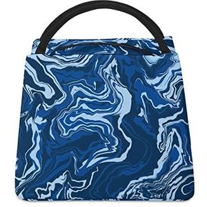 Blauw Marmer Abstracte Aquarel Grappige Lunch Tas Geïsoleerde Lunchbox Lekvrije Koeltas Tote Handtas Gift Voor Vrouwen Moeder Mannen