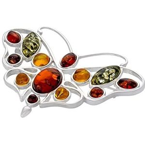 AMBEDORA Zilveren Vrouwenbroche, Kleurrijke Vlinder met Amber, Gepolijst Sterling Zilver, Baltische Amber in Drie Kleuren