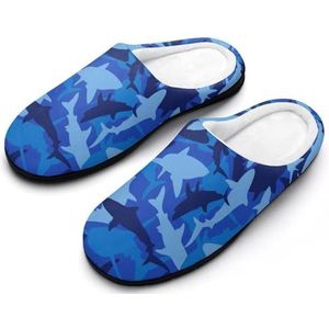 Blauwe Camo Haai Katoenen Slippers Voor Vrouwen Warme Anti-Slip Rubber Zool Huisschoenen Voor Indoor Hotel 7-8 (39-40)