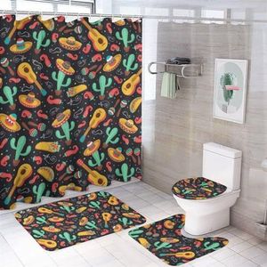 Mexicaanse Symbool Gitaar Stro Hoed Peper 4 Stks Badkamer Sets Met Douchegordijn Toilet Deksel Cover En Tapijten