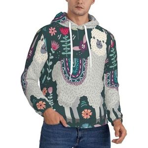 JEJEA Schattige lama bloemenprint heren sweatshirt capuchon trekkoord hoodies trui lange mouwen trui voor dagelijks gebruik, Zwart, S