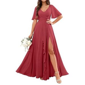 KURFACE Chiffon bruidsmeisjesjurken met mouwen split ruches lange bruidsmeisje formele avondjurk, Woestijnroos, 32