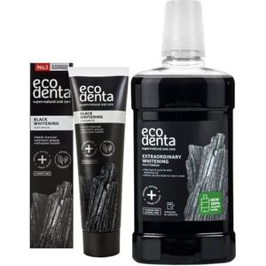 Ecodenta Black Whitening Set voor mondhygiëne met zwarte kolen, tandpasta, 100 ml en mondspoeling met zwart antraciet, 500 ml, actieve kool tanden whitening kit