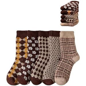 Winter Wollen Damessokken,5 Paar Thermische Sokken voor Dames Bruine Wollen Warme Gebreide Sokken Vintage Katoenen Damessokken Ademende Lichtgewicht Wandelsokken voor Dames voor Thuis, Kantoor, Scho