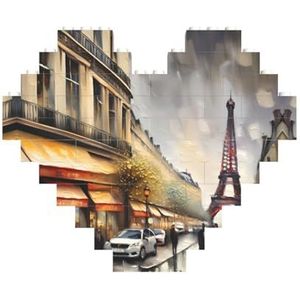 Olieverfschilderij Parijs Straattafereel Eiffeltoren Legpuzzel - Hartvormige Bouwstenen Puzzel-Plezier En Stressverlichtend Puzzel Spel