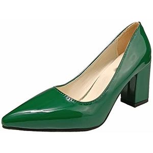 TABKER Sandalen met hak vierkante hak lakleer schoenen dames pumps donkergroen dikke hak werk punt teen (kleur: groen, maat: 19)