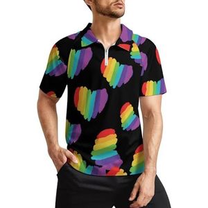 Regenboog hart heren golfpoloshirts klassieke pasvorm T-shirt met korte mouwen bedrukt casual sportkleding top L