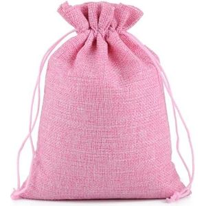 Linnen jute tas 10st handgemaakte natuurlijke jute katoen linnen trekkoord geschenkzakken gunst bruiloft kerstcadeau tas sieraden verpakking zakken en zakjes (kleur: roze, maat: 9 x 12 cm MABU_LINEN