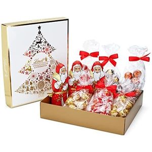 Lindt Chocoladegeschenk goud, kerstchocolade, kerstman en lindor ballen melk, wit, 70% en peperkoek, 1.269kg