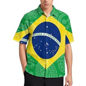 Braziliaanse Paisley vlag zomer heren shirts casual korte mouw button down blouse strand top met zak S