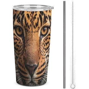 AQRJLPM Zwarte en bruine luipaardbeker voor in de auto, roestvrijstalen beker met rietje en deksels, lekvrij geïsoleerde roestvrijstalen reiskoffiemok voor koude warme dranken op de camping