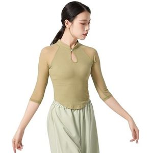 Angcoco Chinese traditionele mandarijnkraag met lange mouwen mesh-tops voor dames