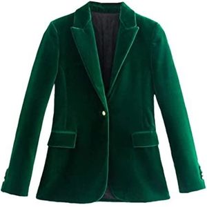 Dames donkergroen fluwelen blazer jas elegante jas slim fit kantoor dame solide lange mouwen enkele knoop tops, Groene Blazer, S