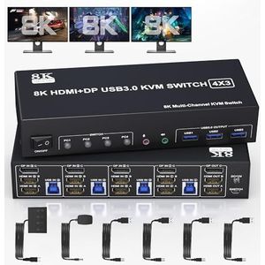 8K @60Hz Displayport +2 HDMI USB 3.0 KVM Switch 3 monitoren 4 computers, DP 1.4 +HDMI 2.1 4-poorts KVM Switch Triple Monitor met audio-microfoonuitgang en 3 USB 3.0-poorten, Triple Monitor Switch