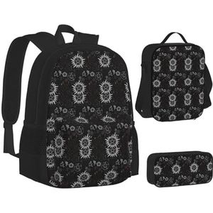 SUHNGE Kleurrijke Tie Dye Print Tiener Boekentas Lunch Tas Potlood Case 3 in 1 School Rugzakken Set Kids Rugzak, Bovennatuurlijke symbolen Zwart, Eén maat