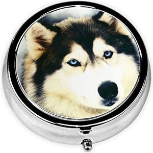 Siberische Husky Gedrukte Pil Organizer Pil Doos Pil Case Draagbaar voor Portemonnee Pocket Ronde Metalen Pil Houder Organizer voor Dagelijkse Geneeskunde