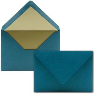 Enveloppen in petrol, 50 stuks, enveloppen DIN C6 (114 x 162 mm), 11,4 x 16,2 cm, natte plakrand, mat oppervlak en goud-metallic voering, zonder venster, voor uitnodigingen